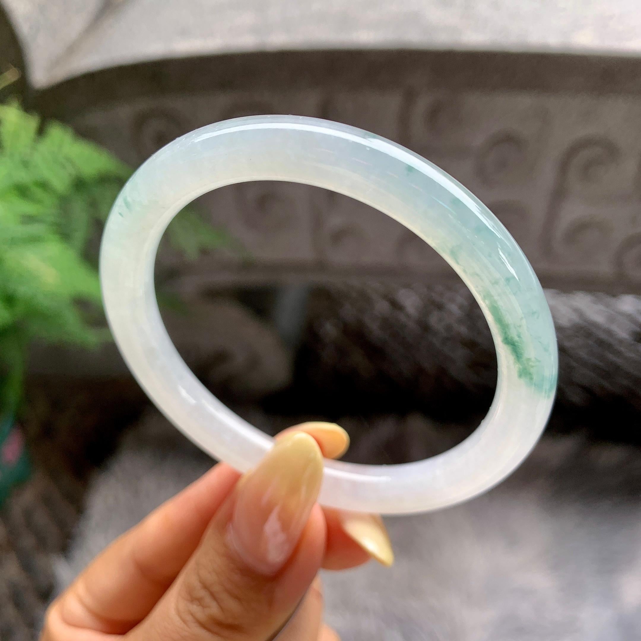 小圈口 糯冰种飘花圆条手镯53圈 天然缅甸A货翡翠（yc481913）