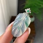 18k金钻镶糯冰种飘花叶子吊坠（yc194558）