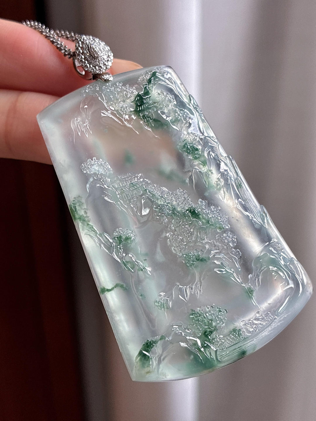 18k金扣头冰种飘花山水牌挂件（yc774448）