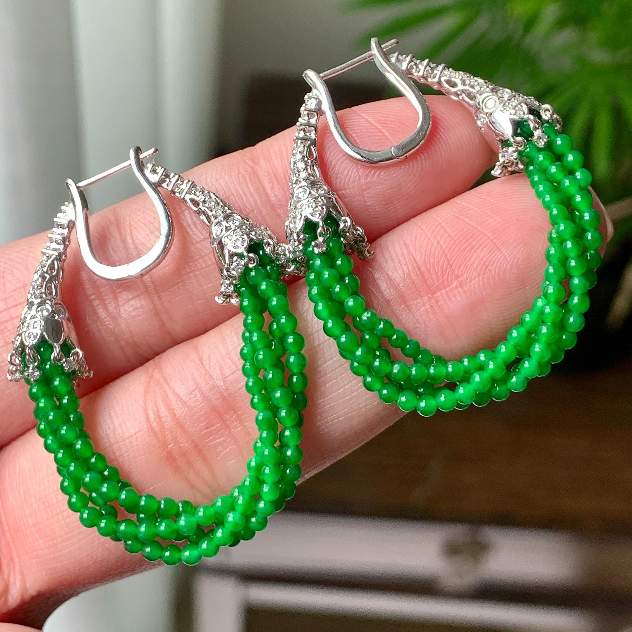 18K金钻镶糯冰种满绿小米珠耳坠 天然缅甸A货翡翠（yc362137）