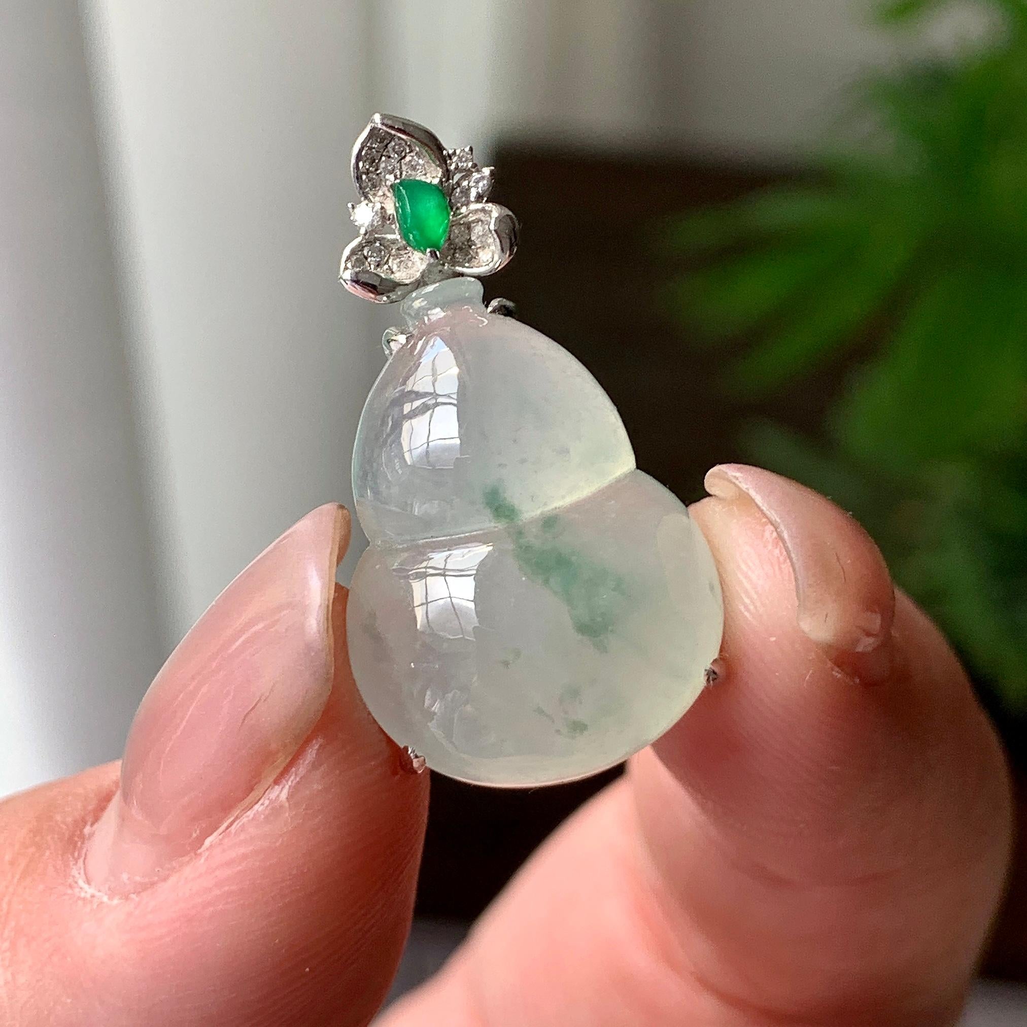 18K金钻镶糯冰种飘绿花葫芦吊坠 天然缅甸A货翡翠（yc356840）