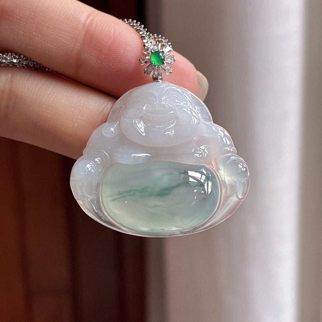 18k金扣头糯冰飘花玉佛挂件 天然缅甸A货翡翠（yc484027）