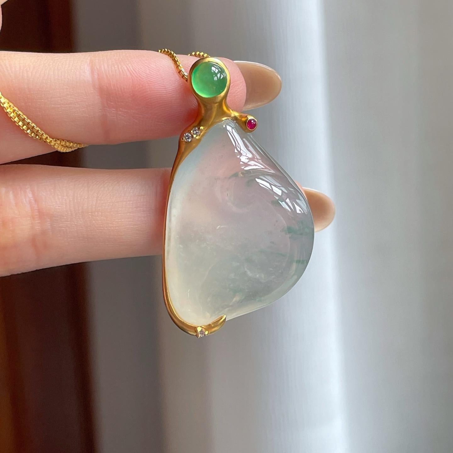 18k金镶冰种飘花翡翠随形吊坠（yc403287）