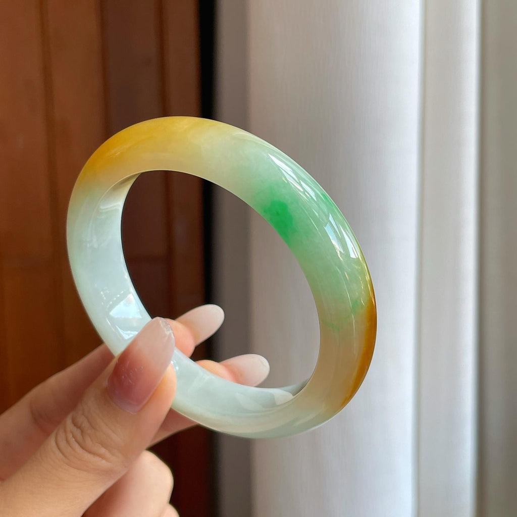 糯冰黄加绿翡翠平安镯（58.5mm）（yc268243）