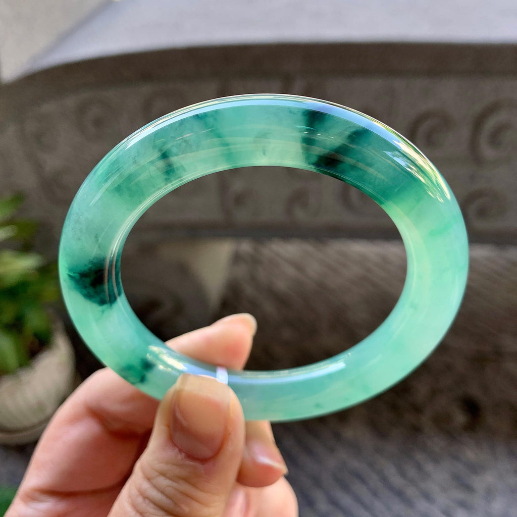 糯冰种蓝底飘花圆条手镯（54mm）（yc307306）