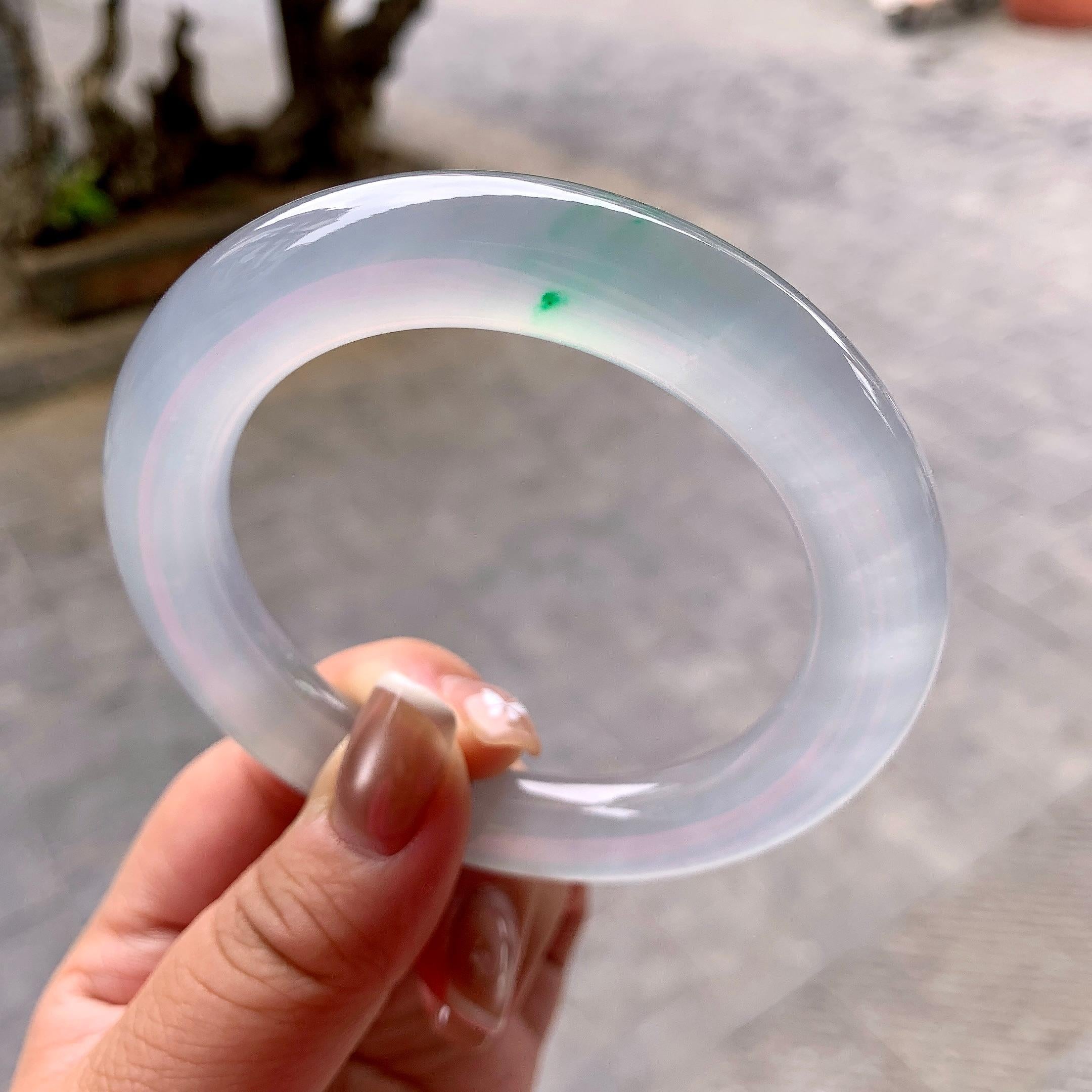 大圈口 高冰种飘金丝翠圆条手镯 60.4圈口 天然缅甸A货翡翠（yc378734）