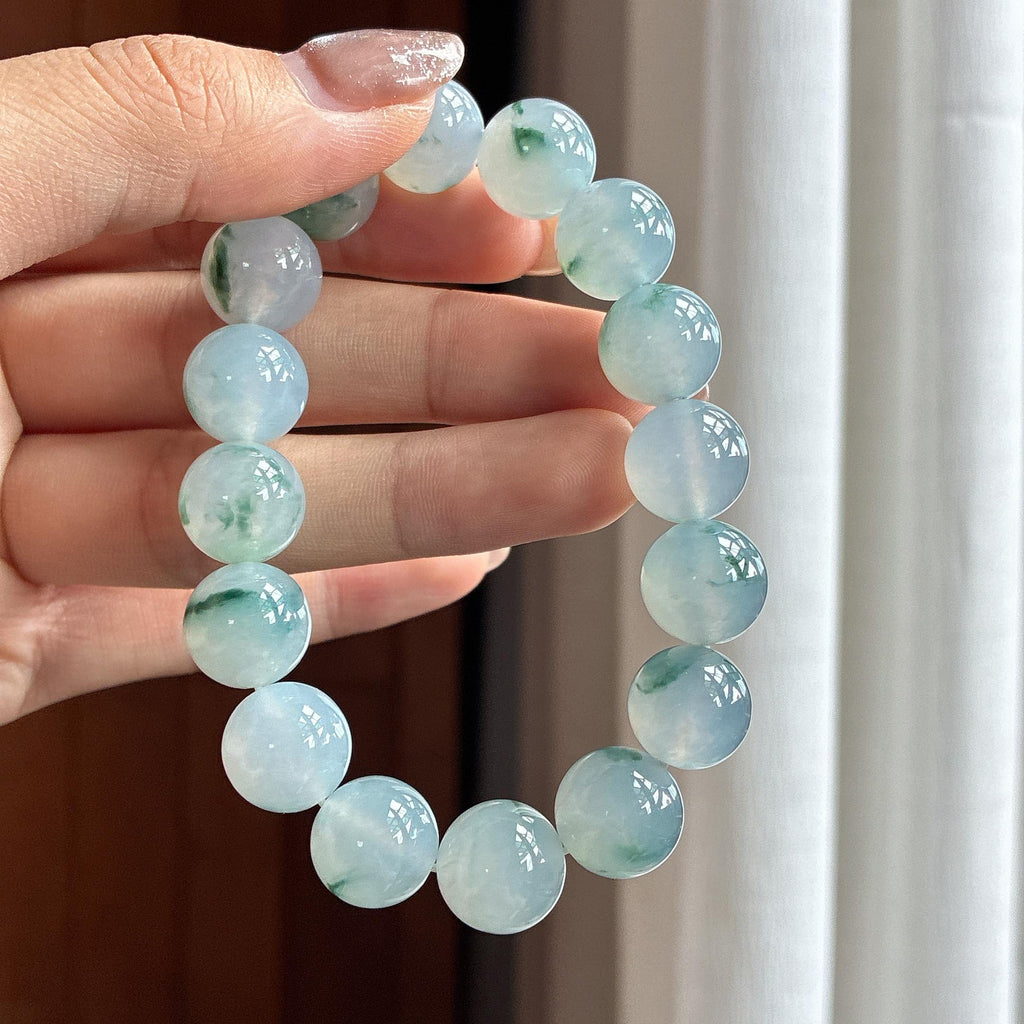 Vòng tay ngọc phỉ thúy tự nhiên Miến Điện loại A, vân hoa trên nền đá bán trong (yc451546)