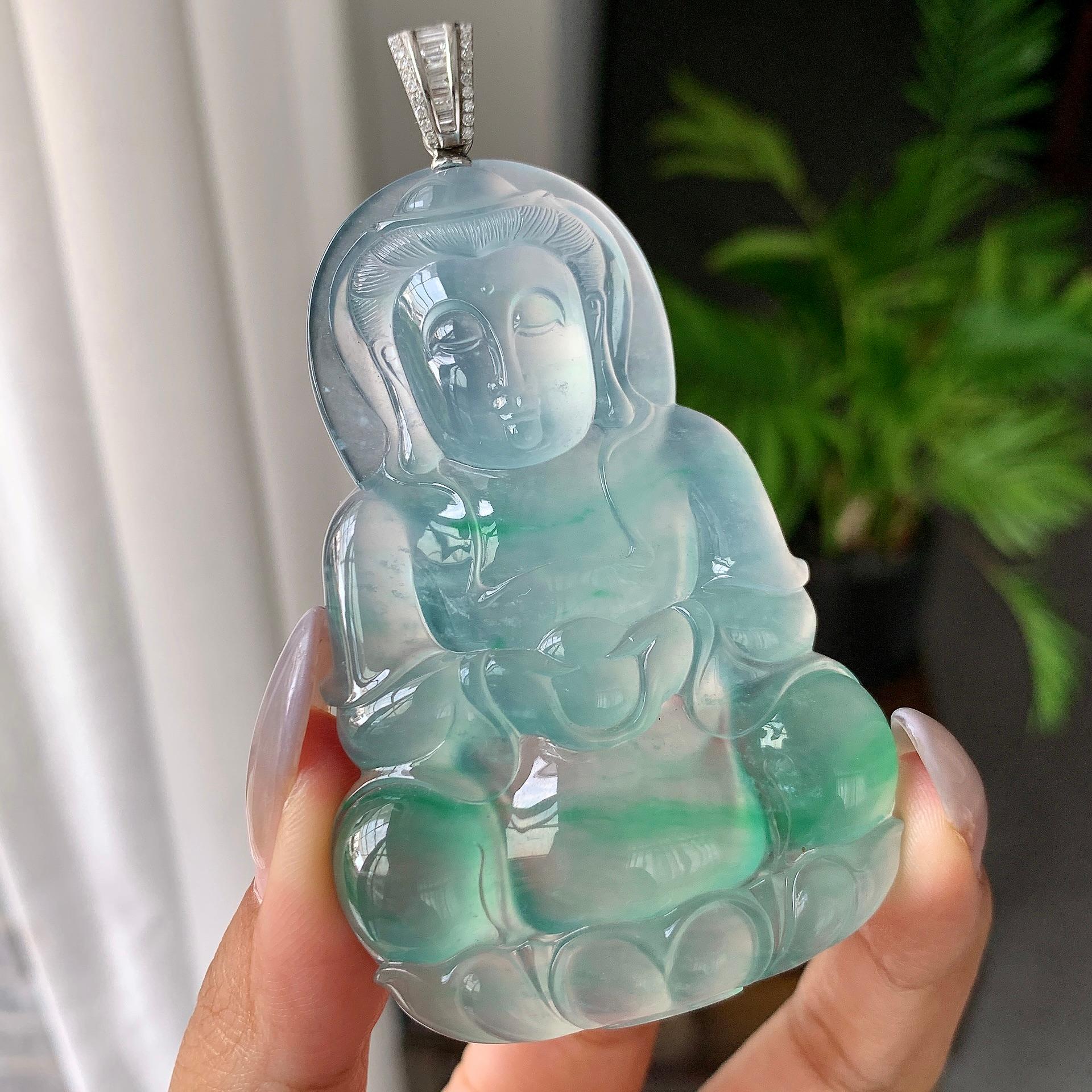 18K金钻扣镶高冰种飘花观音牌子挂件（yc176997）