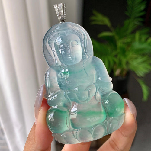 18K金钻扣镶高冰种飘花观音牌子挂件（yc176997）