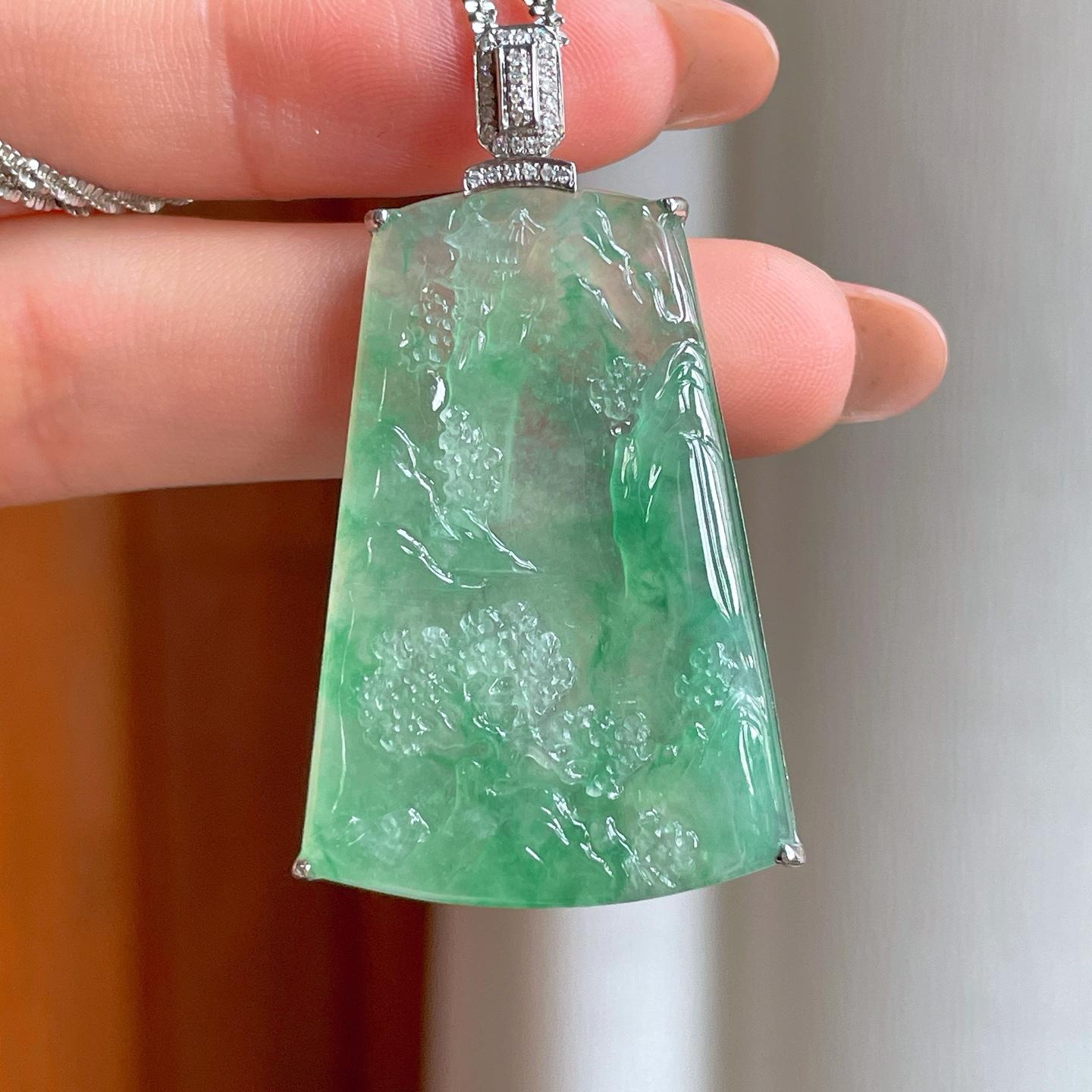 18k金扣头冰种飘花翡翠山水牌（yc356378）