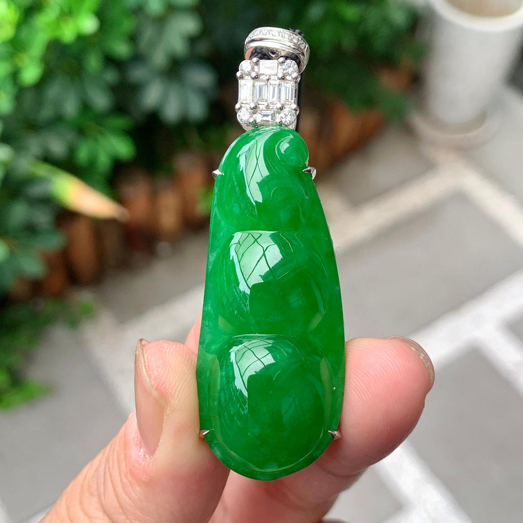 18K金钻镶糯冰种满绿福豆吊坠（yc261204）