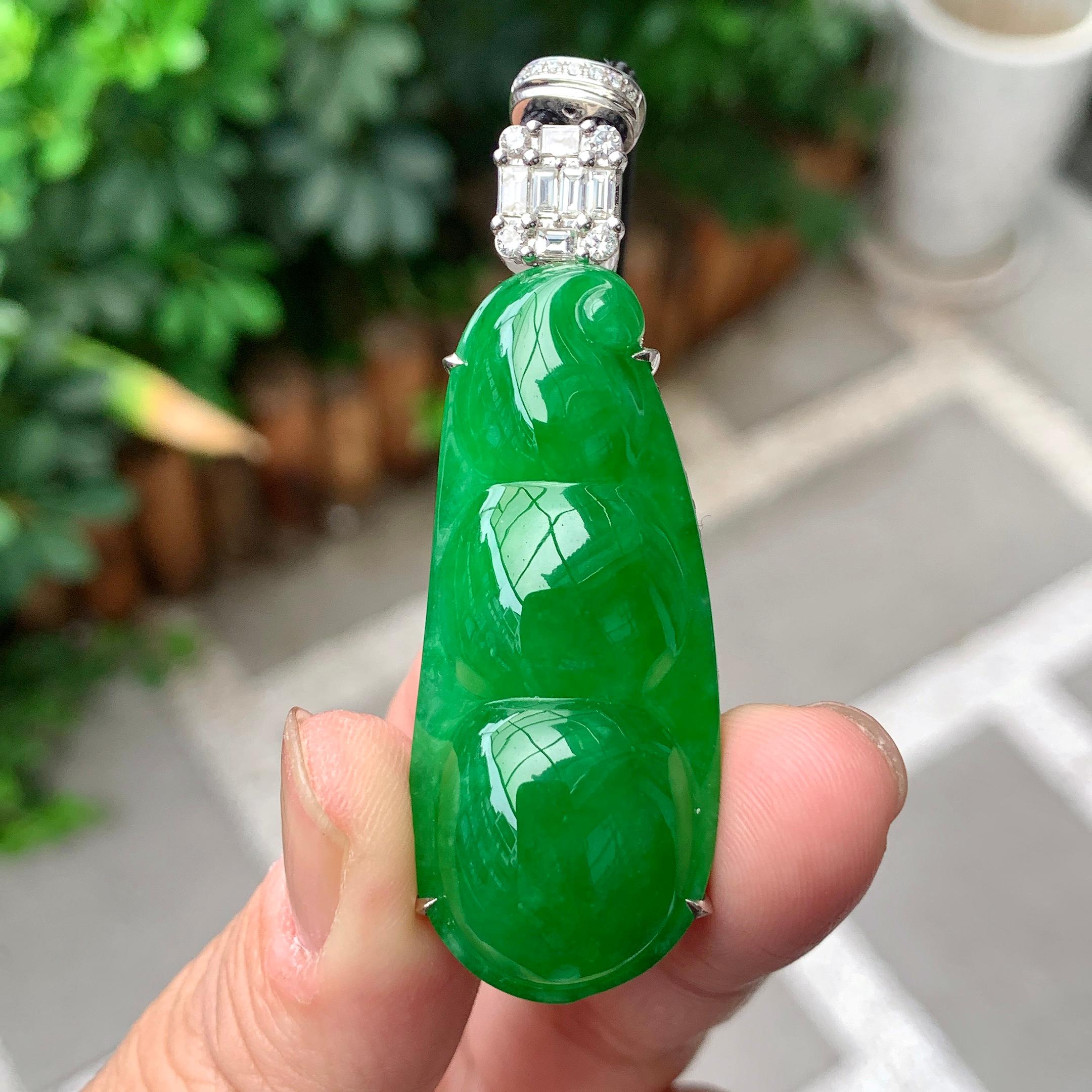 18K金钻镶糯冰种满绿福豆吊坠（yc261204）