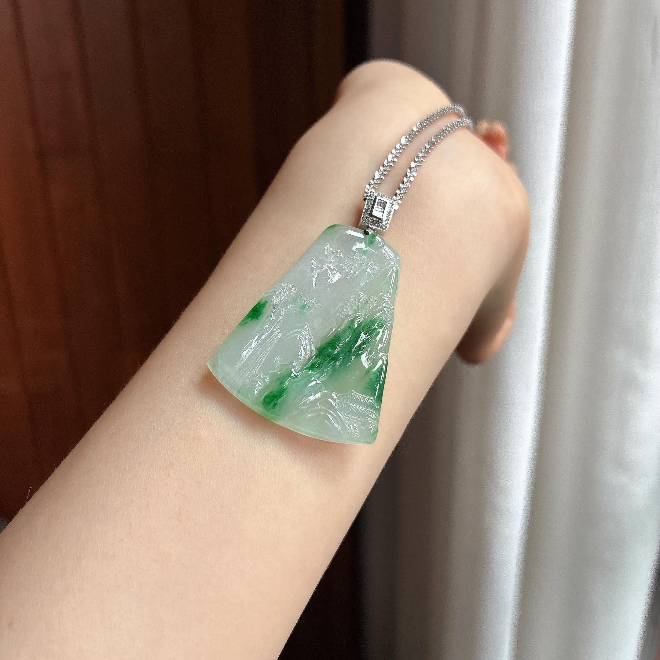 18k金扣头糯冰飘花山水牌挂件 天然缅甸A货翡翠（yc465970）