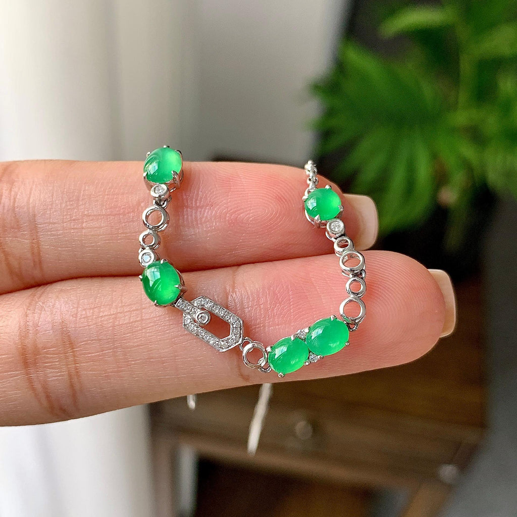 18k金钻镶冰种满绿蛋面手链（yc215983）