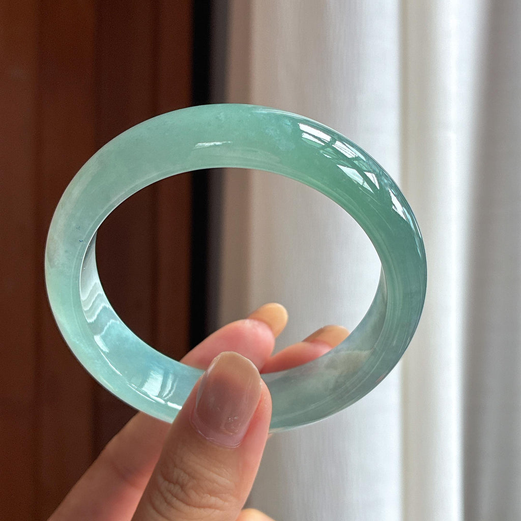 冰种湖水蓝宽版翡翠平安镯（57.8mm）（yc420191）