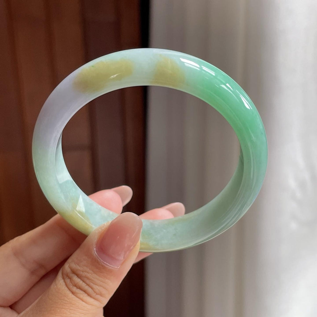 细糯冰带色特色正圈平安镯 53圈 天然缅甸A货翡翠（yc693814）
