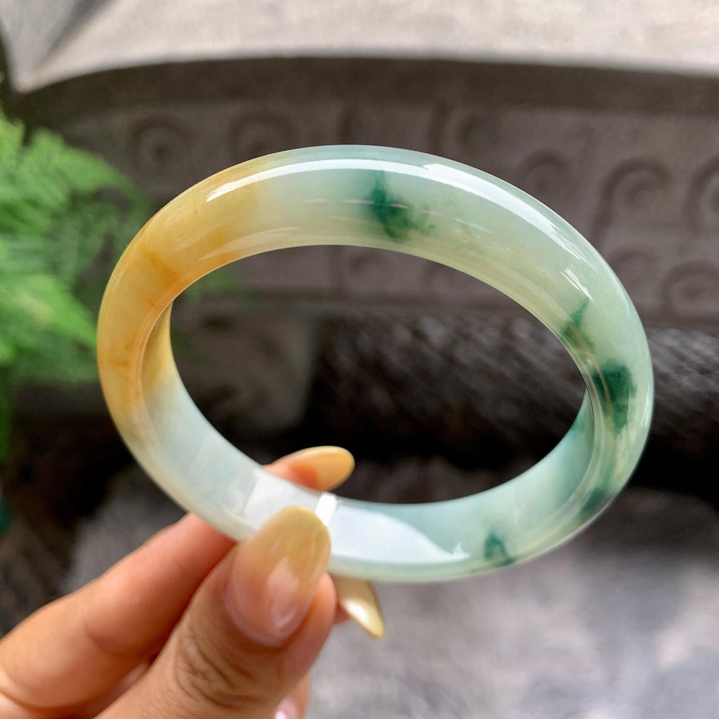 细糯种黄翡飘花正圈平安镯55圈 天然缅甸A货翡翠（yc481904）