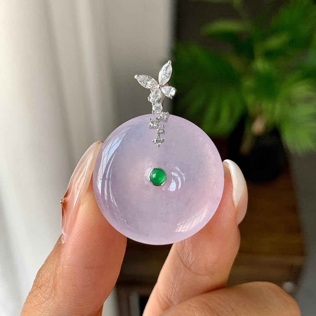 18K金钻镶糯冰种淡粉底平安扣吊坠（yc248216）