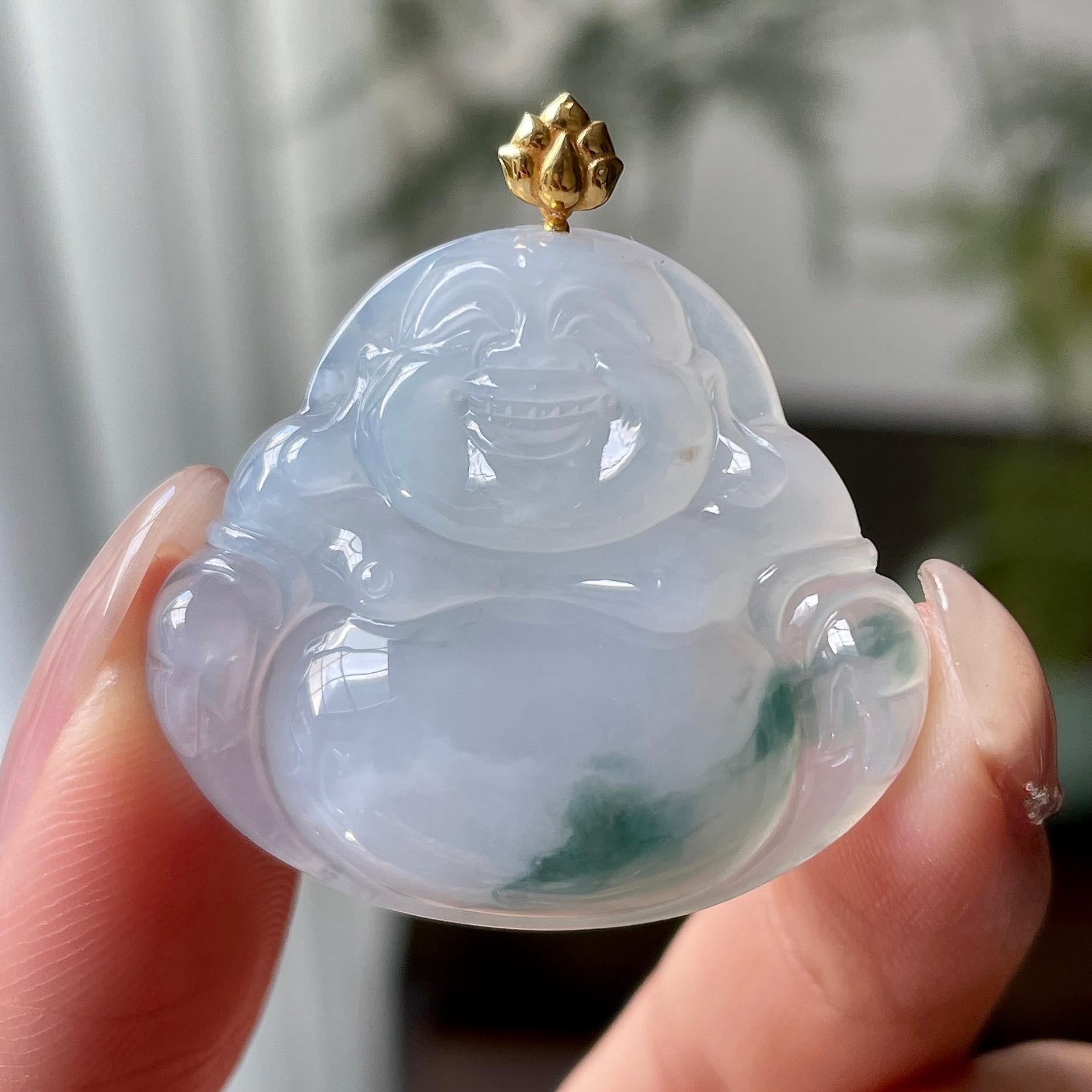 18k金镶细糯种飘蓝花佛公吊坠   天然缅甸A货翡翠（yc333347）