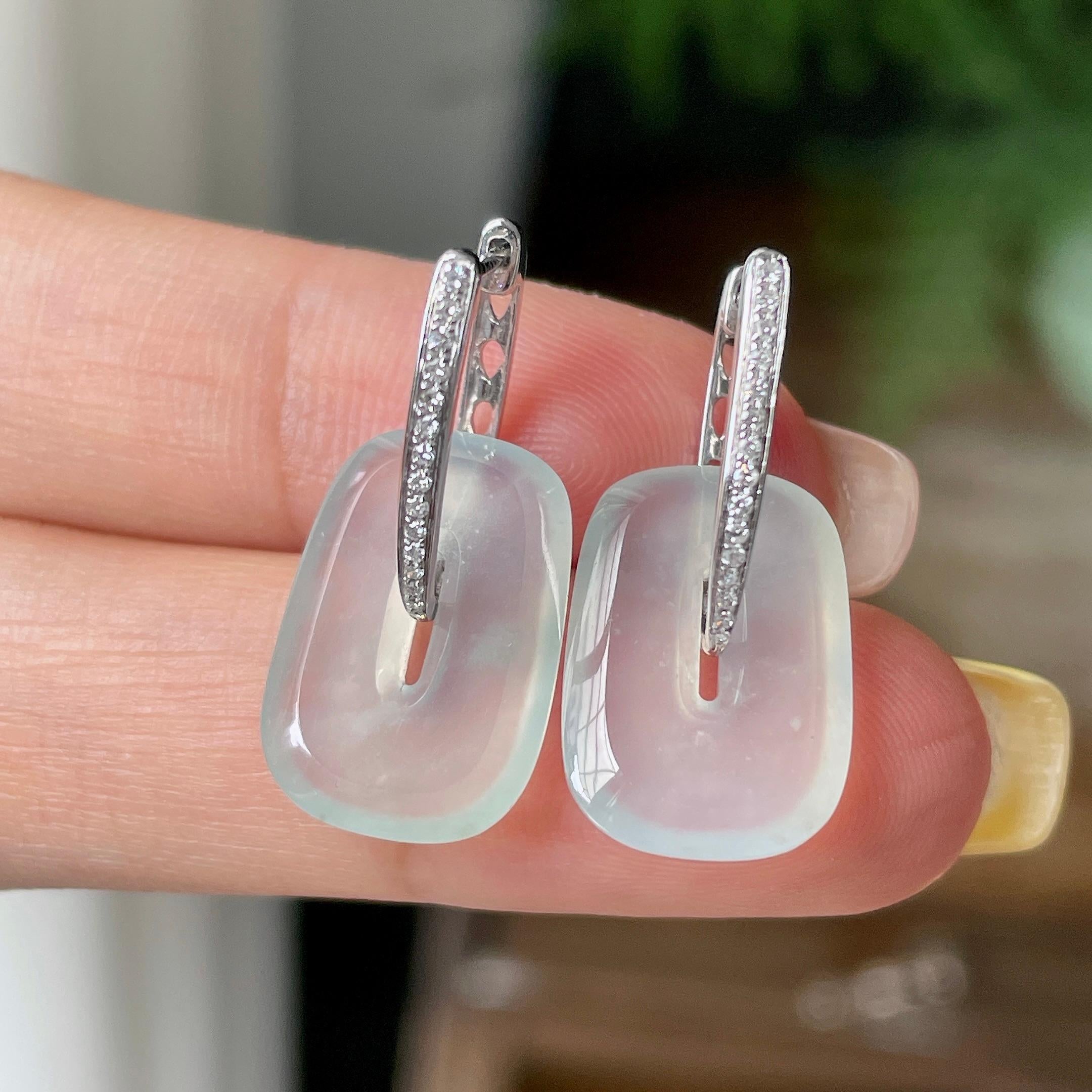 18k金钻镶冰种无色方糖耳坠   天然缅甸A货翡翠（yc362064）