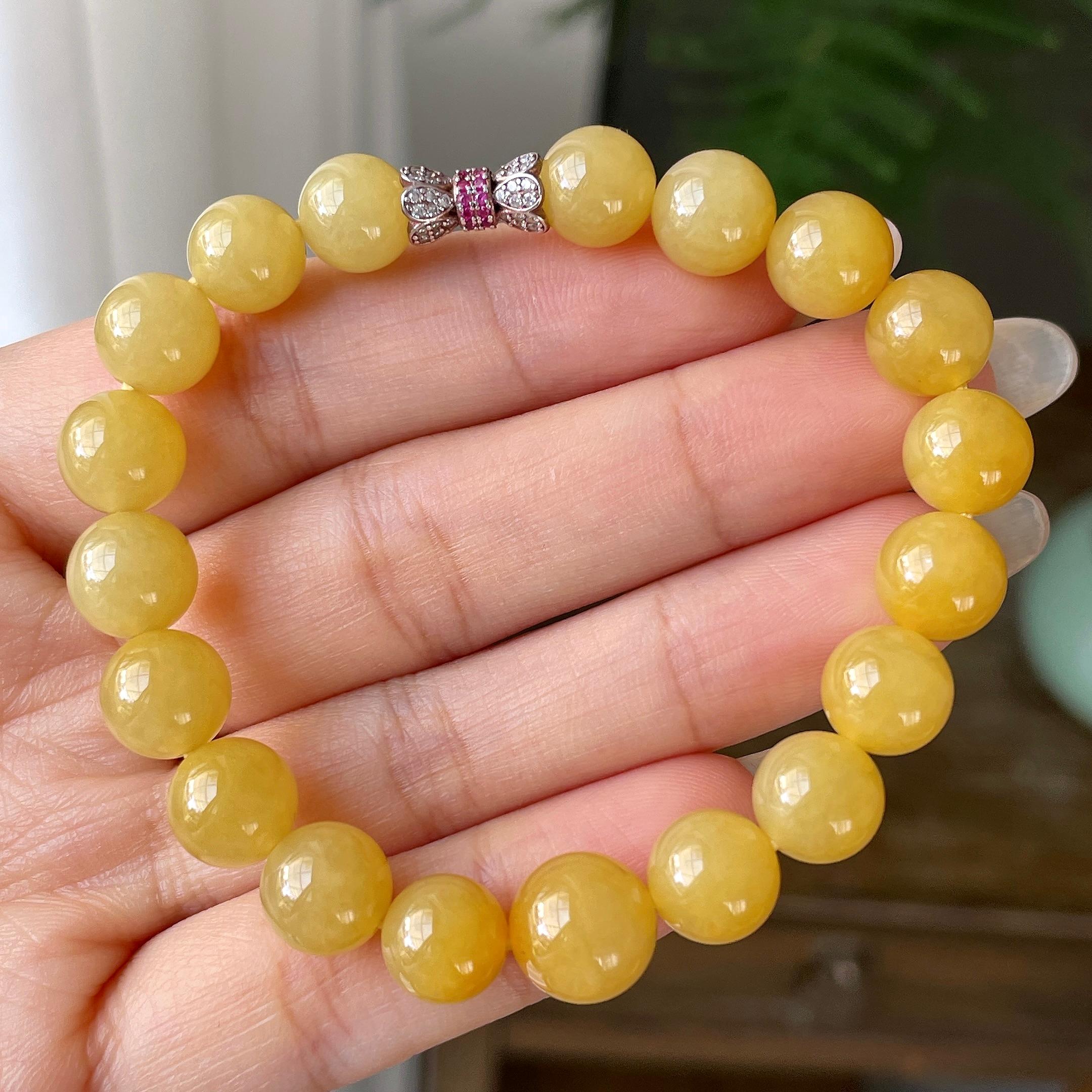 18k金镶细糯种黄翡圆珠手串   天然缅甸A货翡翠（yc352012）