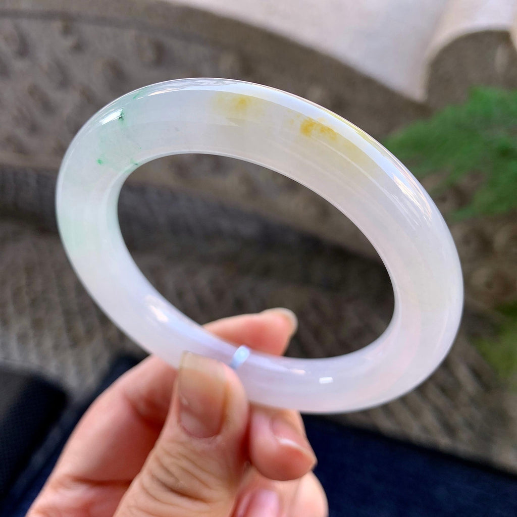 糯冰种黄翡飘绿圆条手镯（54mm）（yc305697）