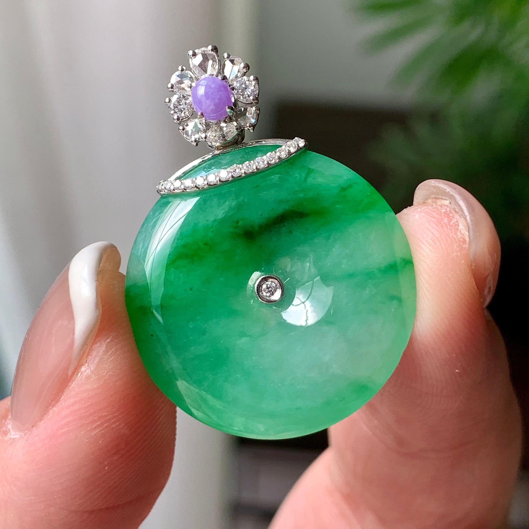 18K金钻镶糯冰种飘绿花平安扣吊坠  天然缅甸A货翡翠（yc362088）