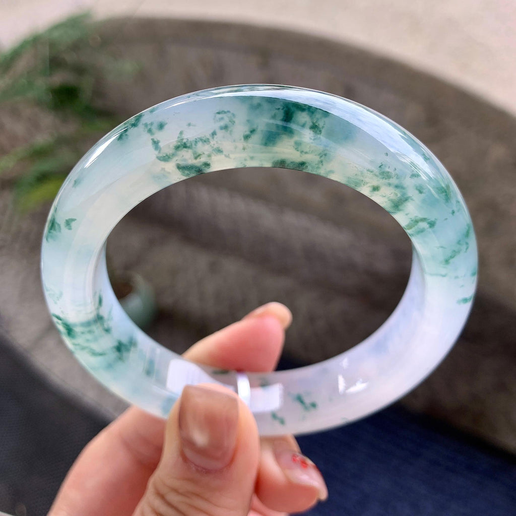 糯冰种飘蓝花正圈平安镯 57.8圈口 天然缅甸A货翡翠（yc351388）