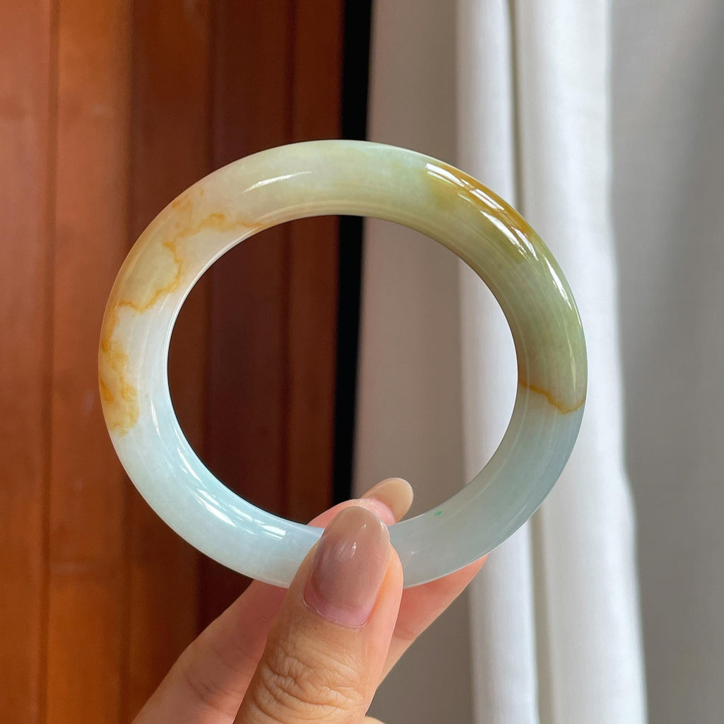 细糯冰黄翡圆条手镯 56圈天然缅甸A货翡翠（yc440016）