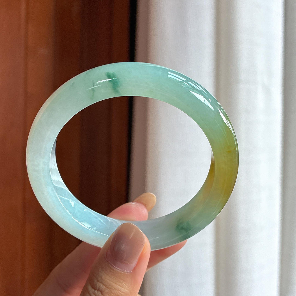 糯冰种黄翡特色飘花翡翠平安镯（yc431469）
