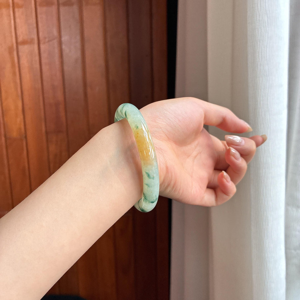 糯冰飘花特色圆条手镯 56圈 天然缅甸A货翡翠（yc453846）
