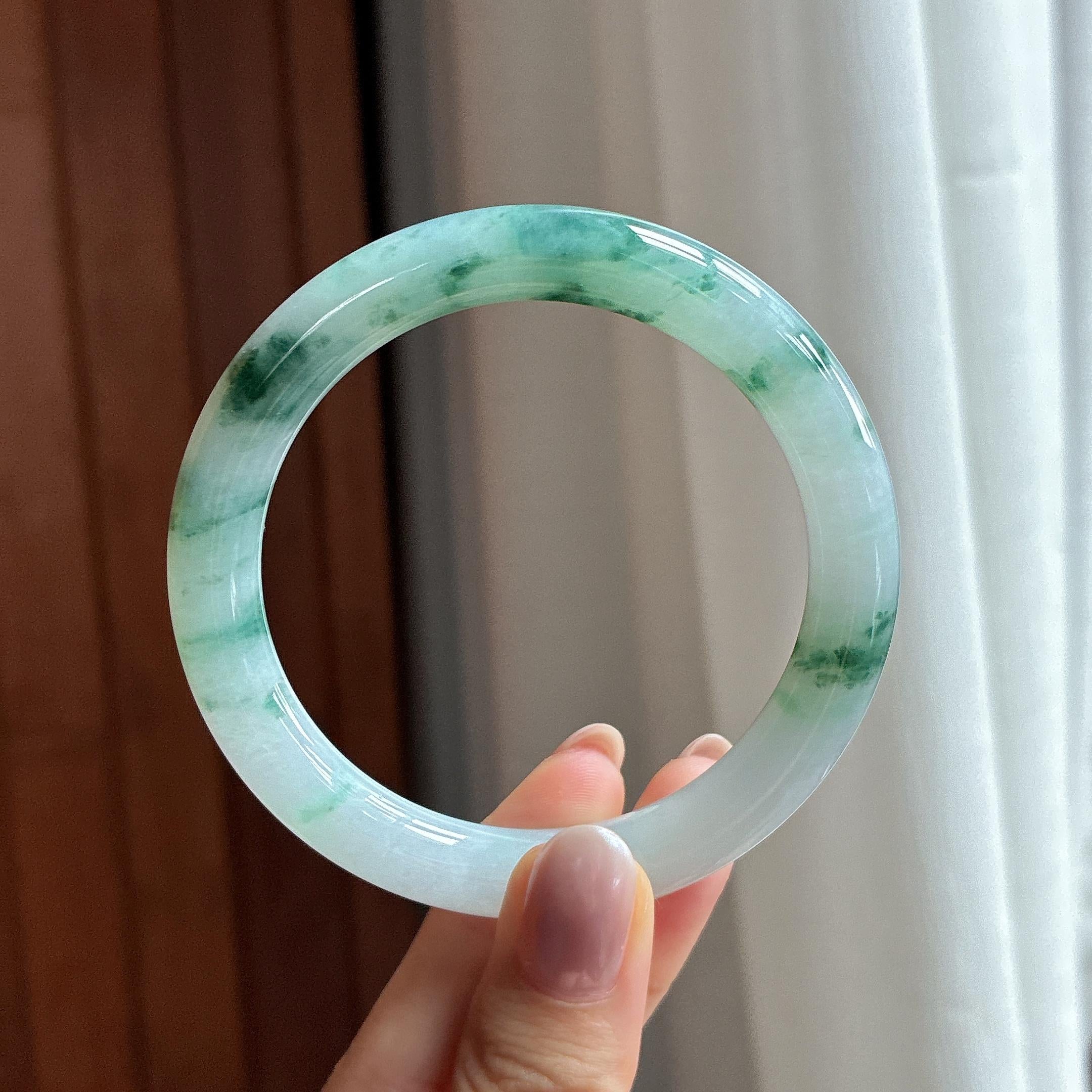 糯冰飘花圆条手镯 57圈 天然缅甸A货翡翠（yc502418）