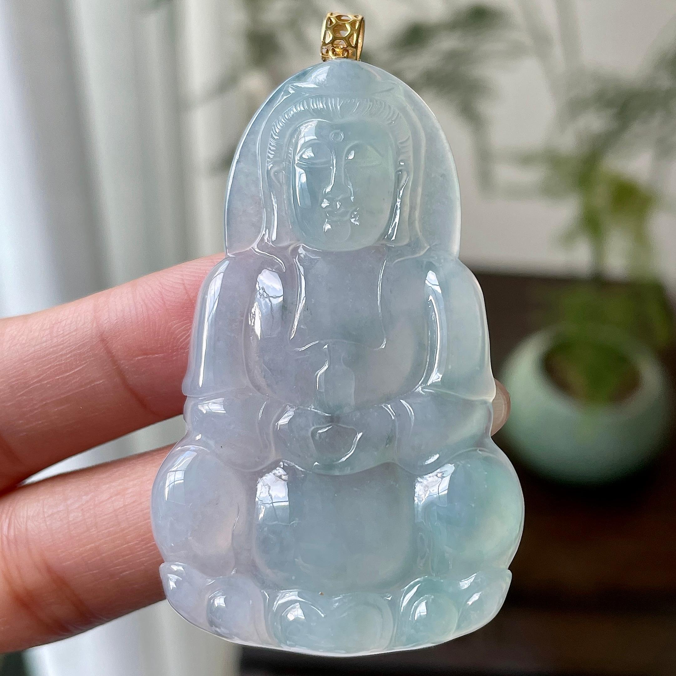18k金镶糯冰种蓝底观音挂件    天然缅甸A货翡翠（yc333352）