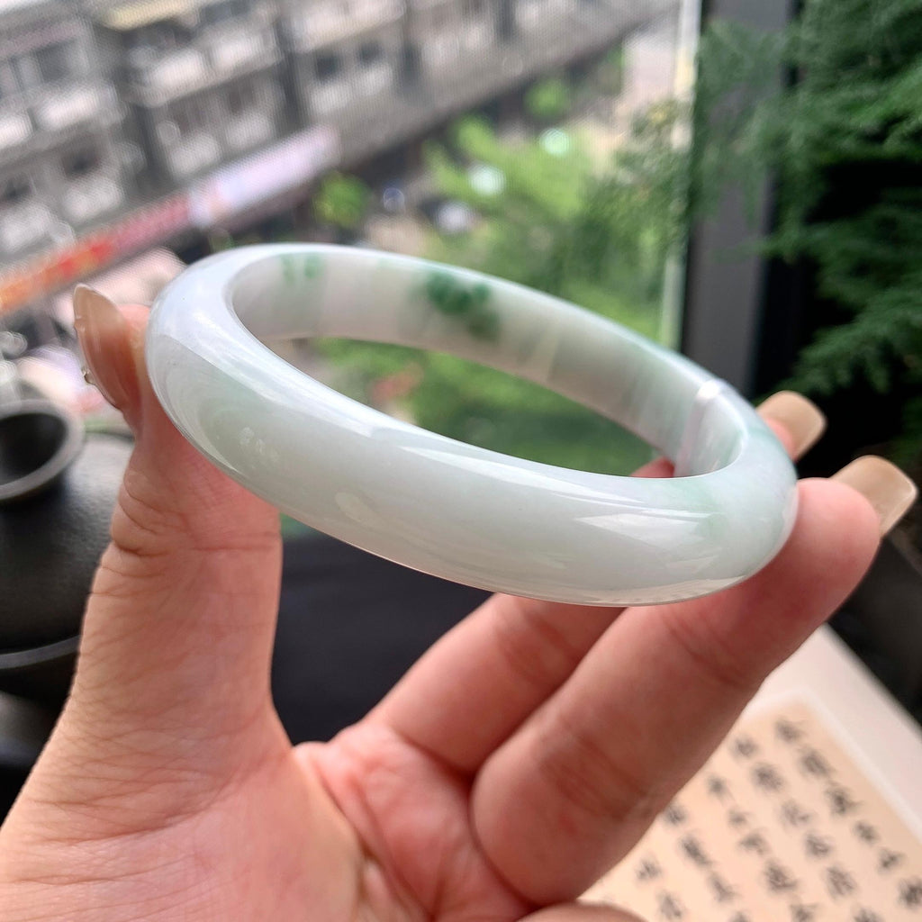大圈口 细糯种飘绿花正圈平安镯 59圈口 天然缅甸A货翡翠（yc477608）