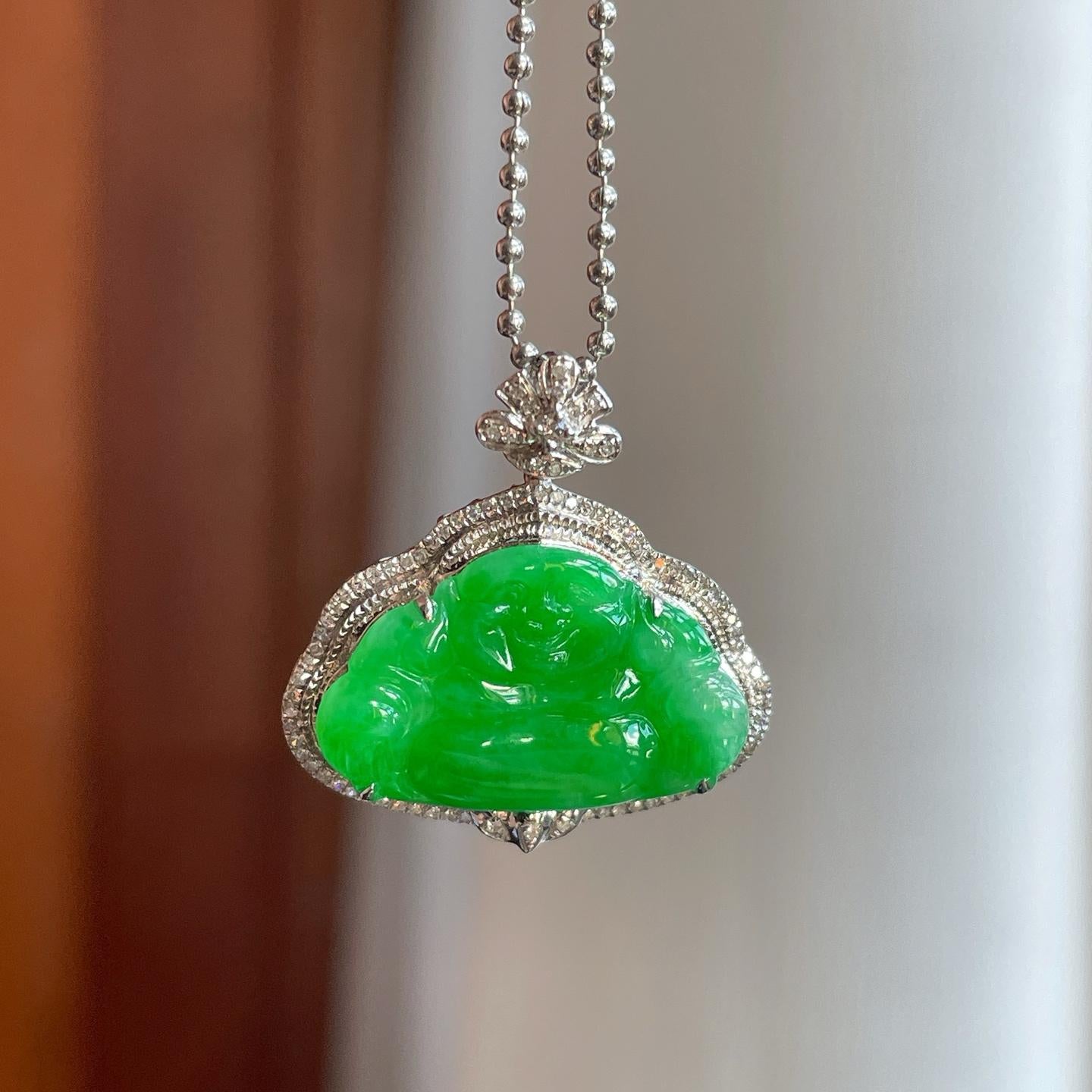 18k金钻镶糯冰满绿翡翠佛公（yc257843）