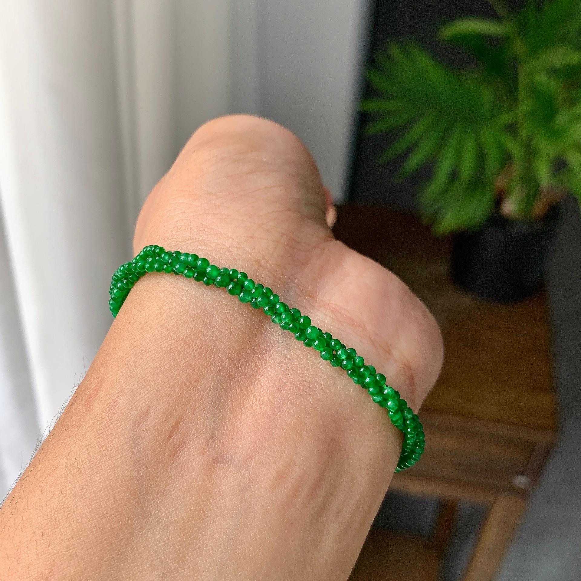 18k金钻镶糯冰种满绿小米珠手链（yc198901）