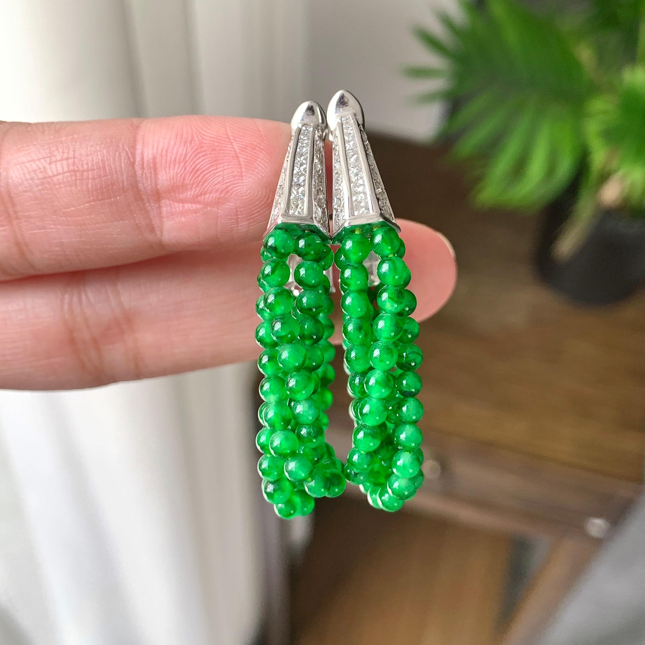 18K金钻镶糯冰种满绿小米珠耳坠（yc248205）