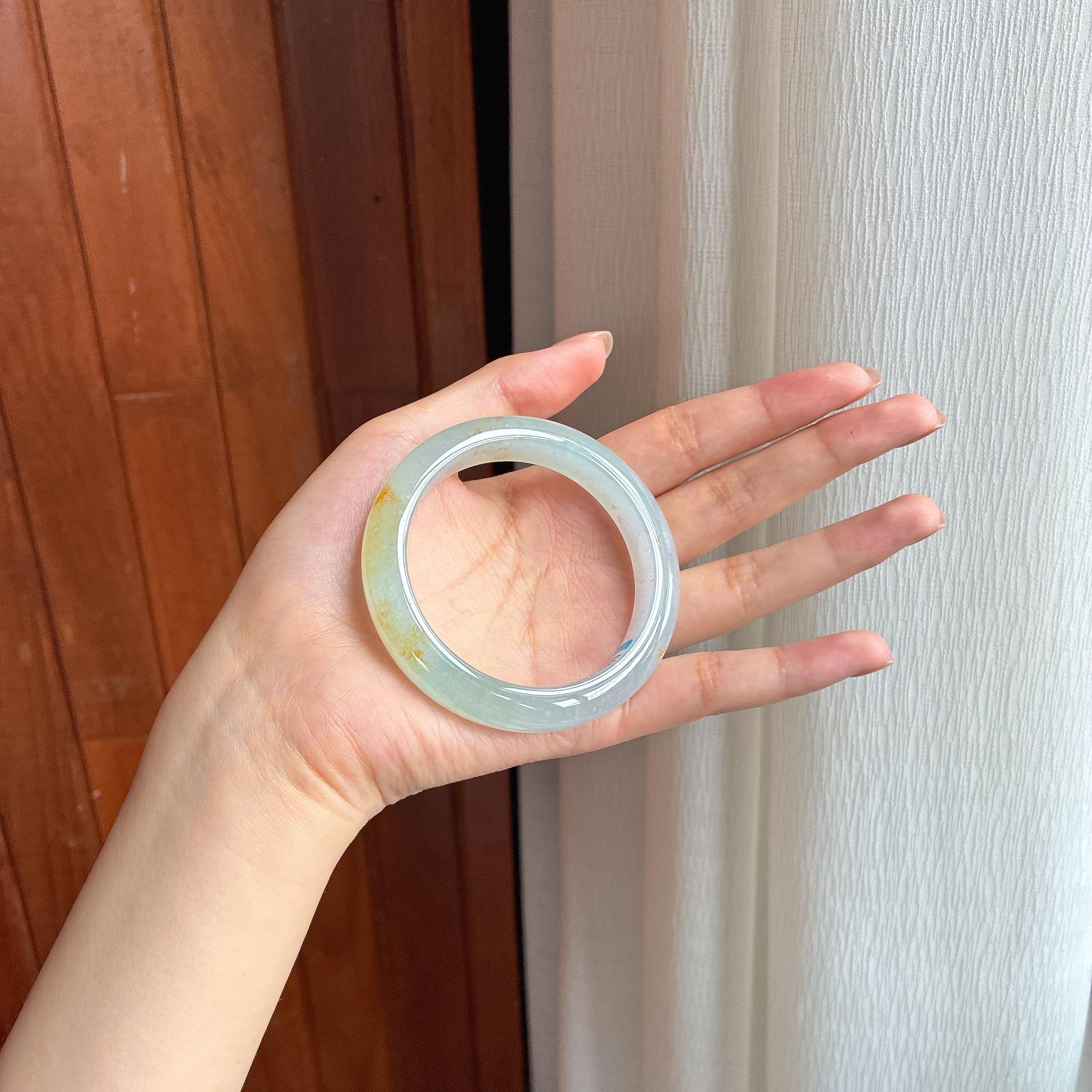 冰种飘黄翡翠平安镯（54mm)（yc423143）