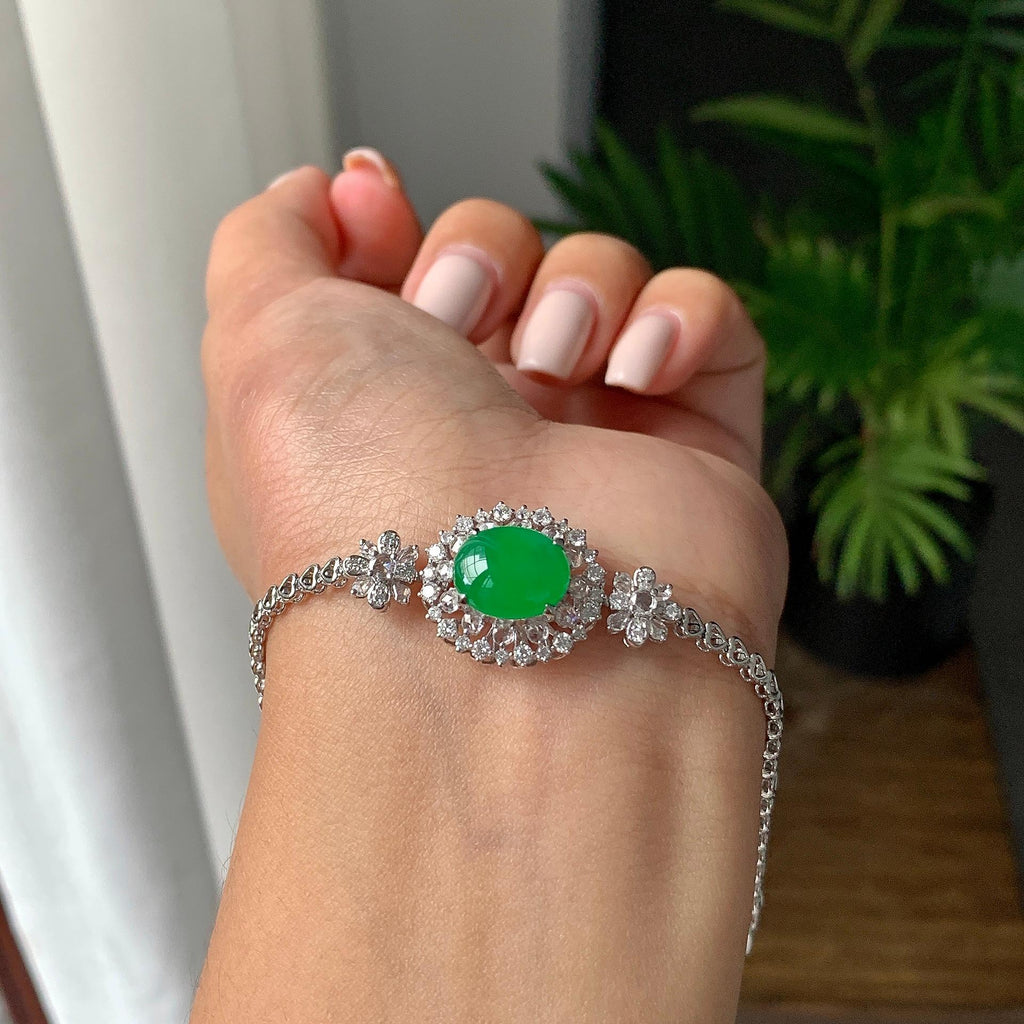 18k金钻镶糯冰种满绿蛋面戒指/手链（两用款）（yc231038）