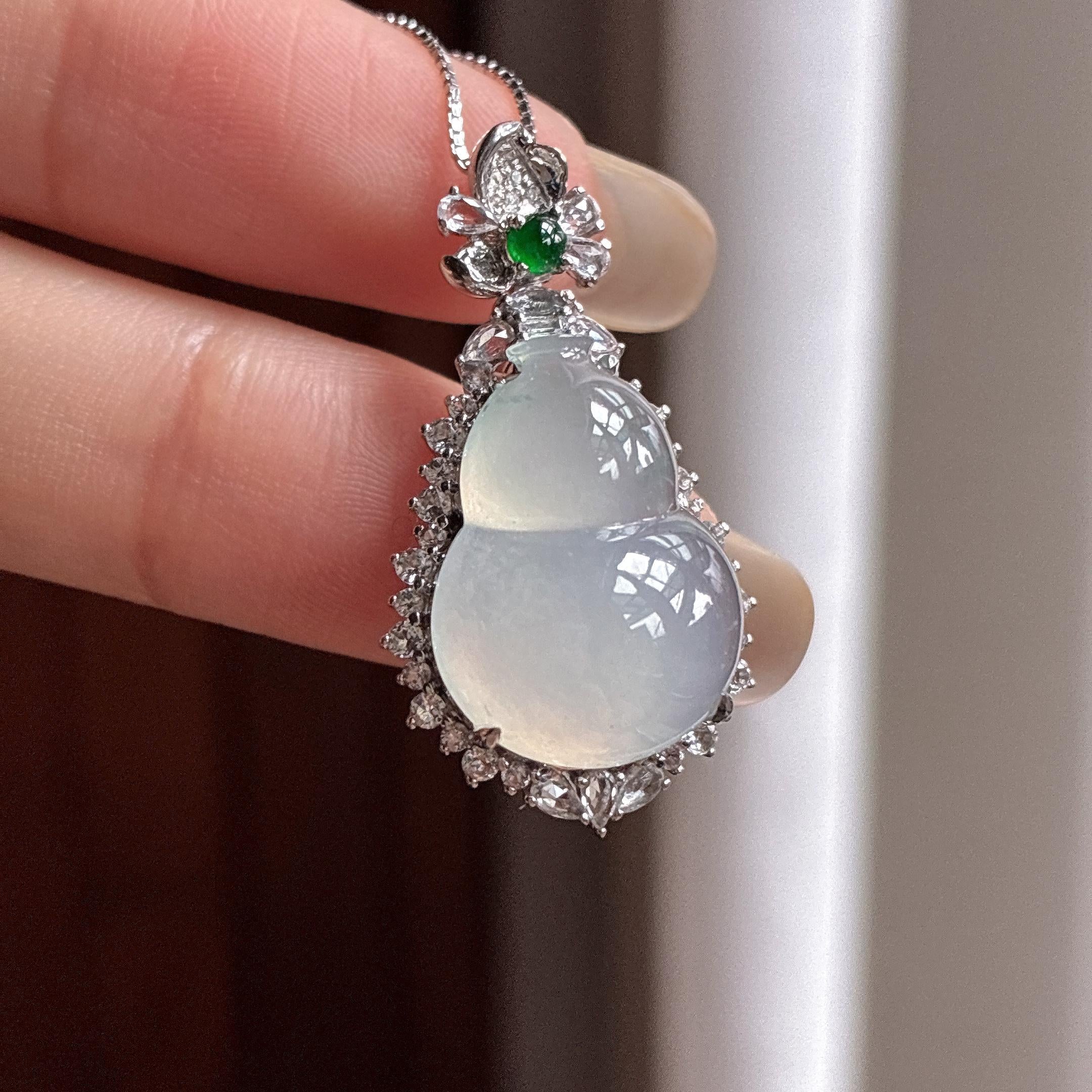 18k金镶糯冰飘花葫芦挂件 天然缅甸A货翡翠（yc466321）