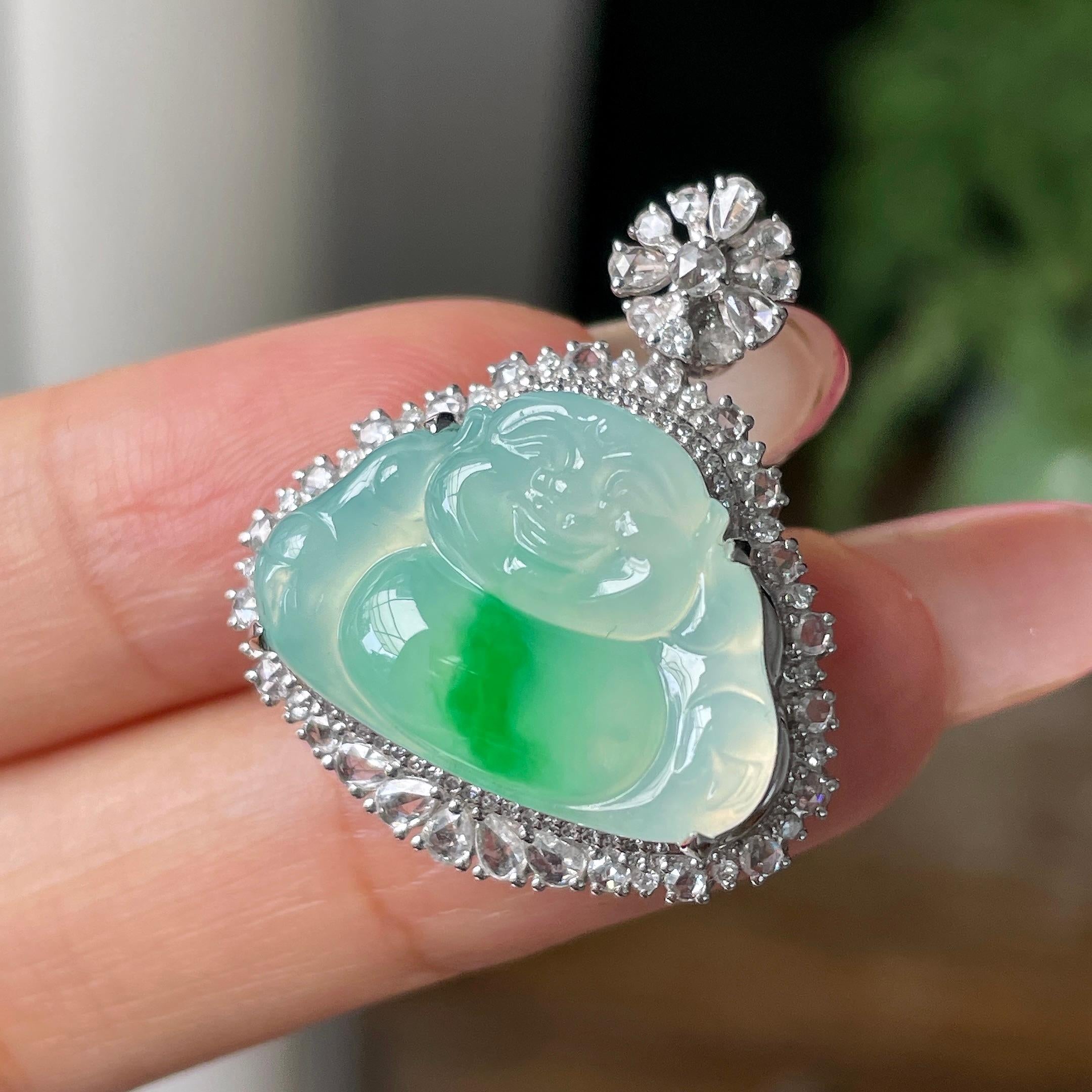 18k金钻镶糯冰种飘绿佛公吊坠         天然缅甸A货翡翠（yc450512）