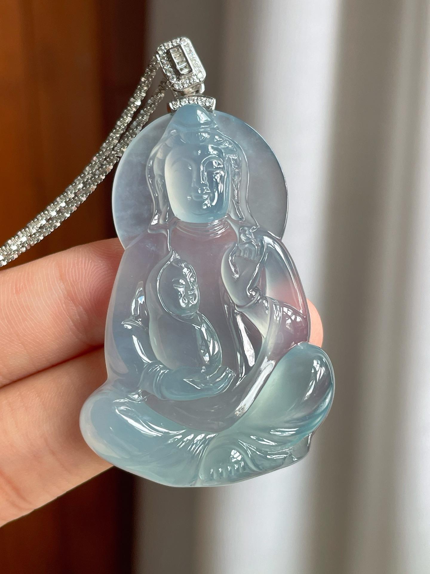 18k扣冰种蓝底翡翠送子观音（yc247186）