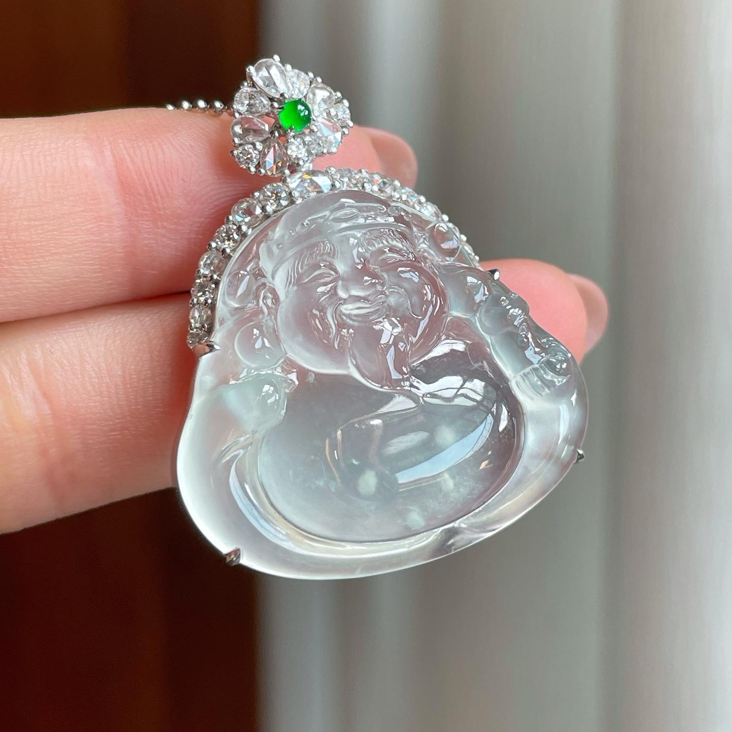 18k金钻镶冰玻种无色翡翠财神（yc349449）