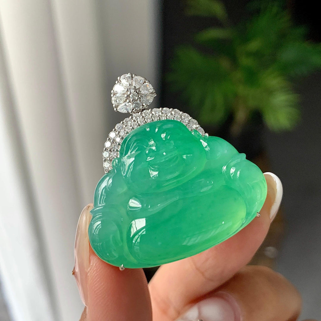 18K金钻镶冰种满绿佛公吊坠（yc252552）