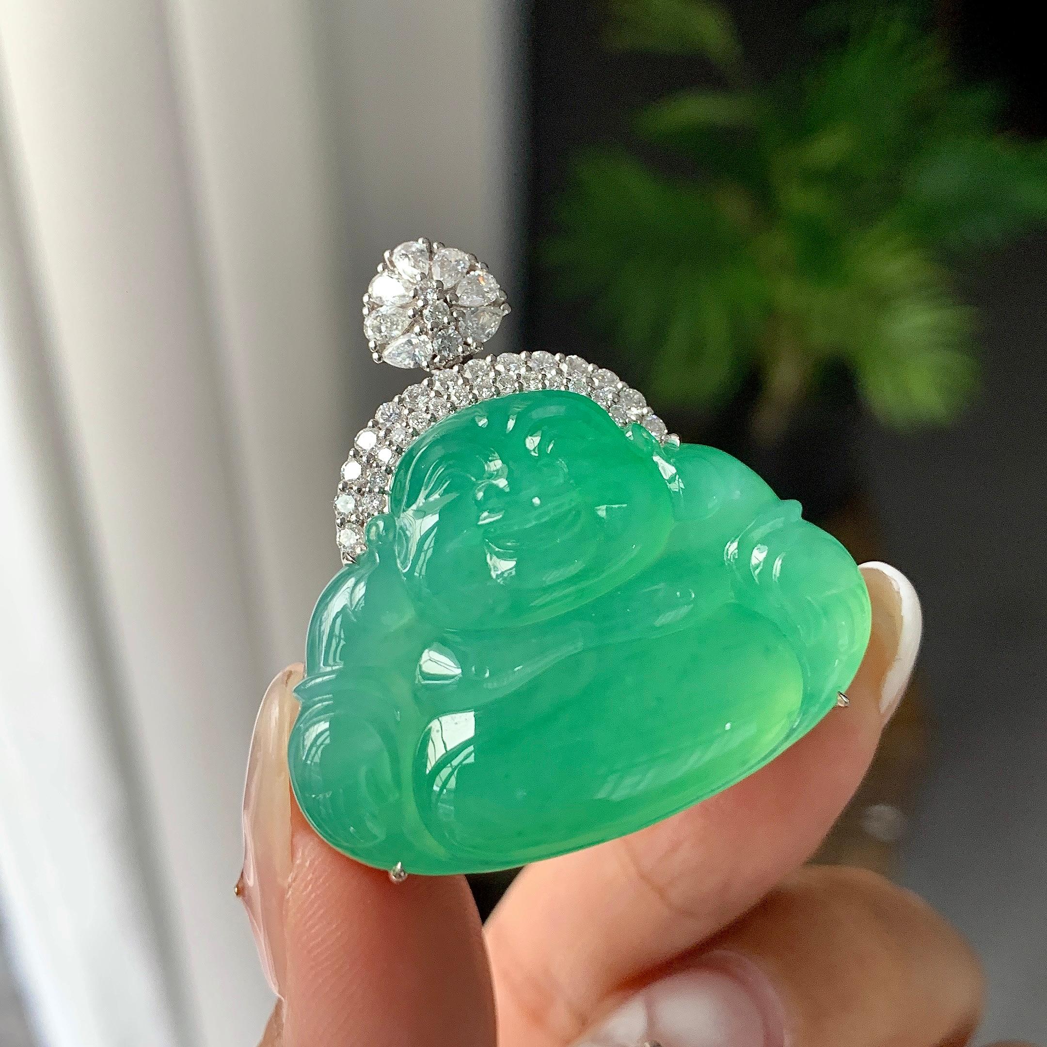 18K金钻镶冰种满绿佛公吊坠（yc252552）