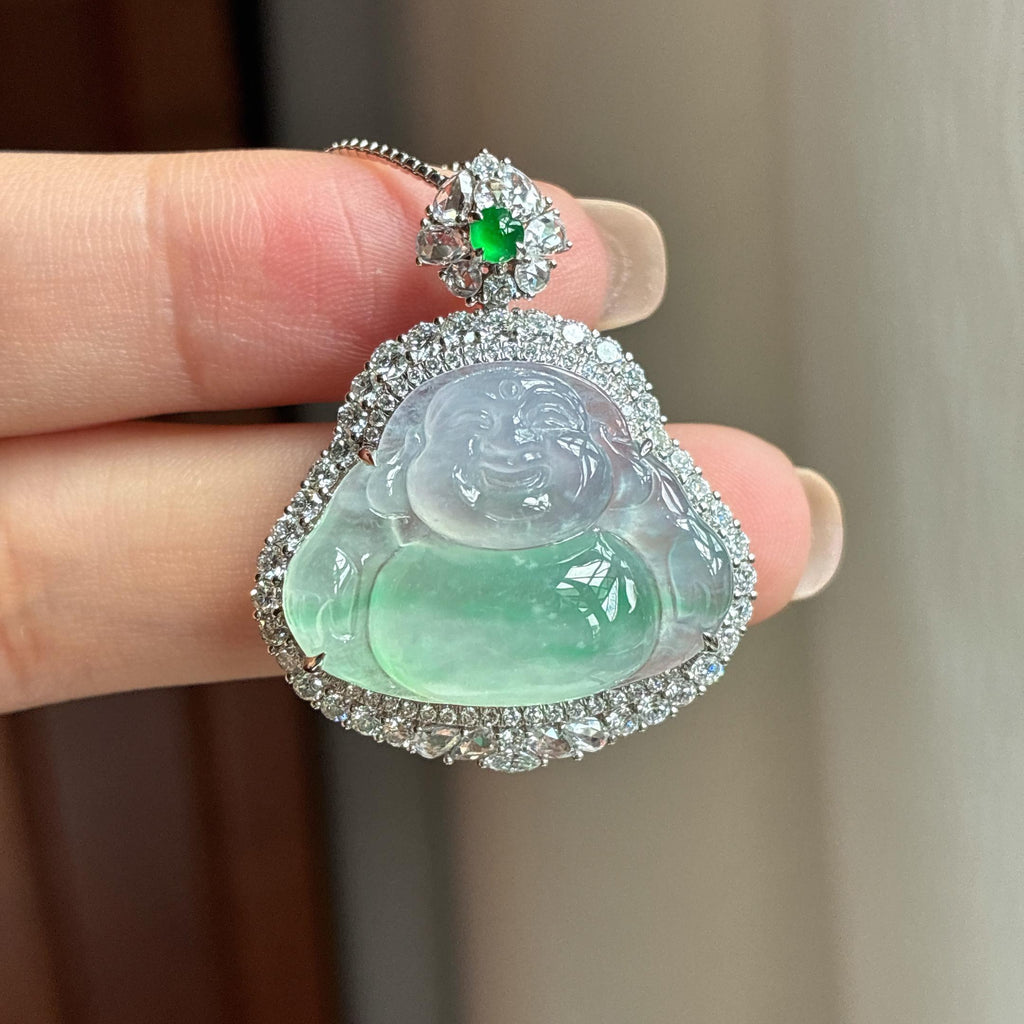 18k金镶冰种飘花翡翠佛公天然缅甸A货翡翠（yc440793）