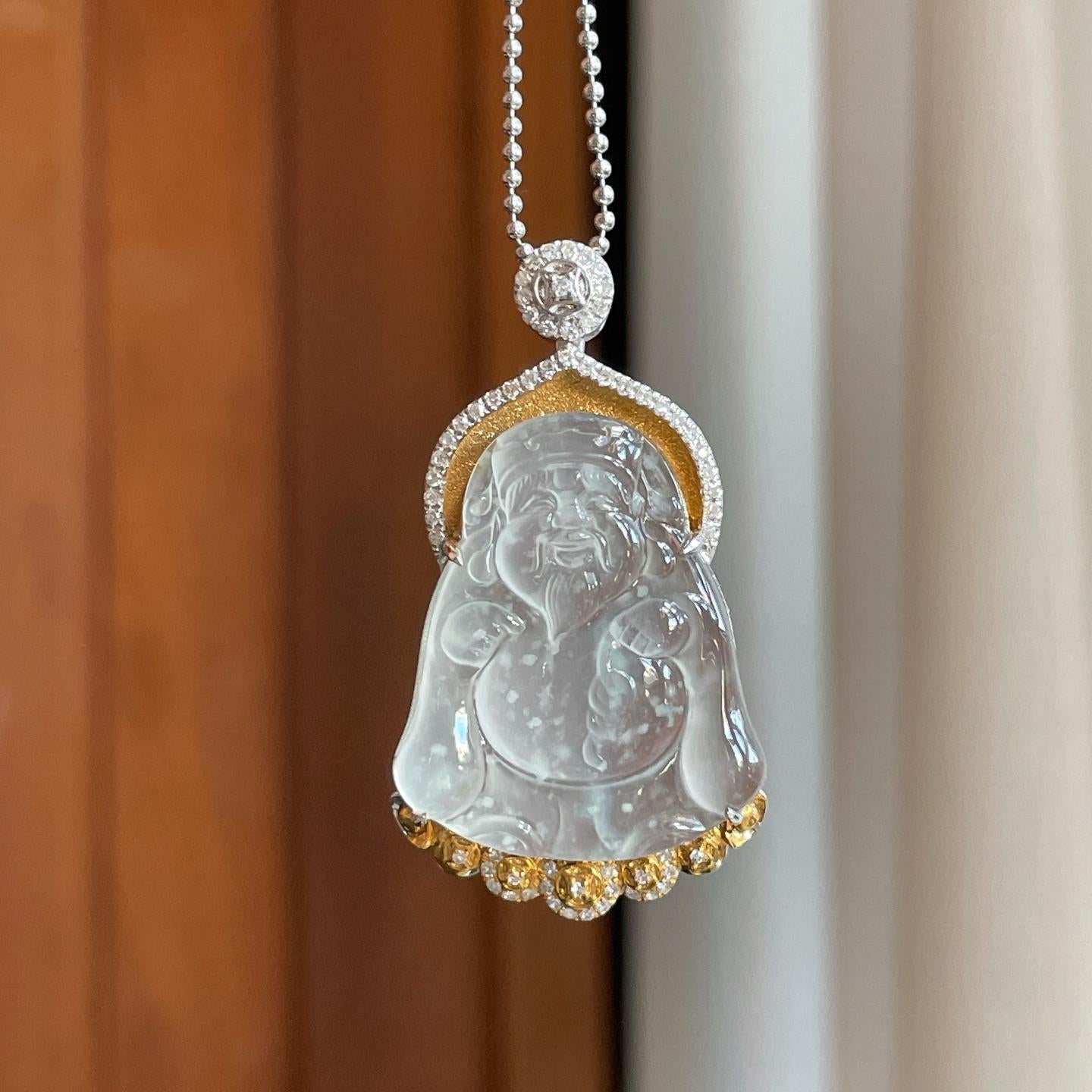 18k金钻镶冰种无色雪花棉翡翠财神爷吊坠（yc265789）