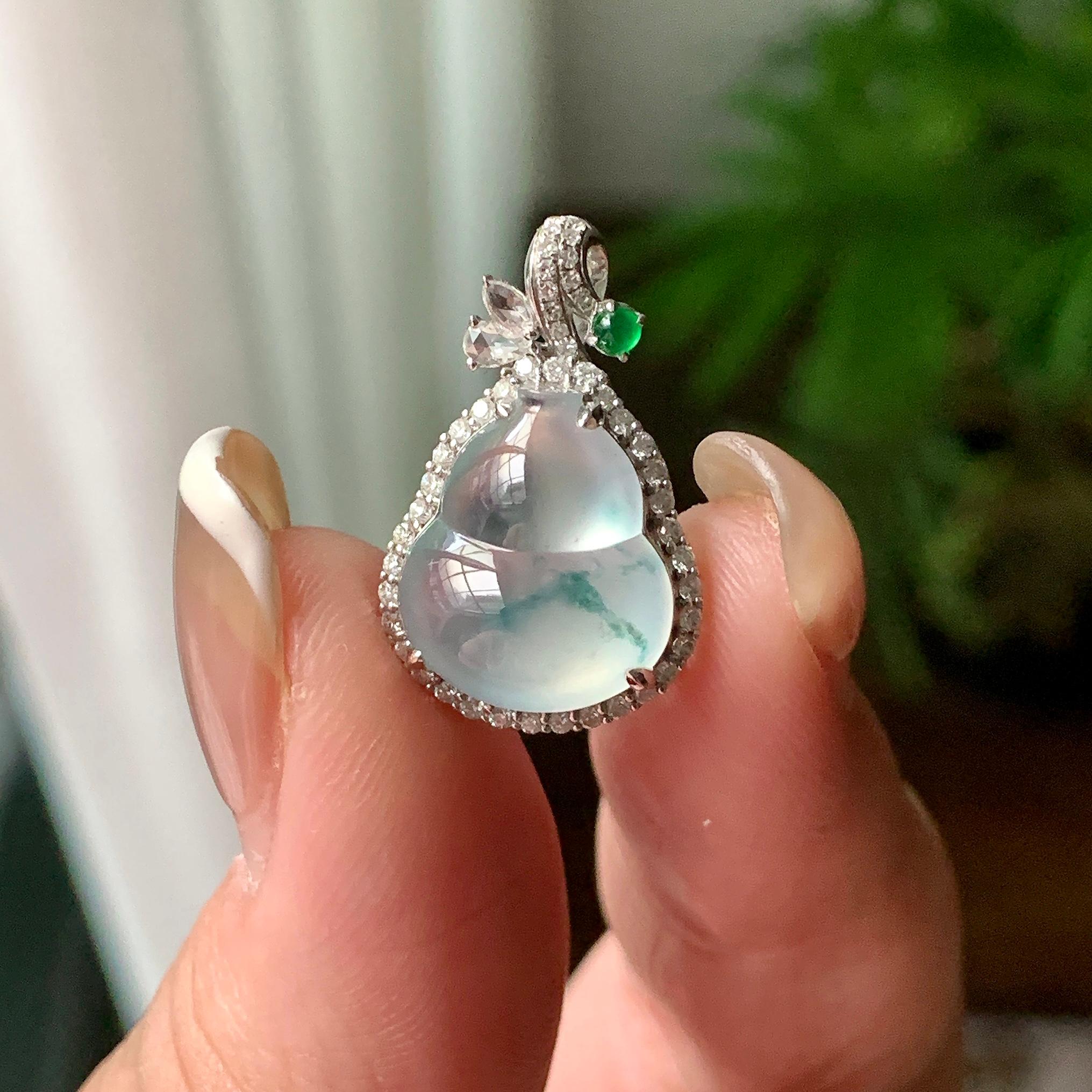 18K金钻镶冰种飘蓝花葫芦吊坠 天然缅甸A货翡翠（yc392761）