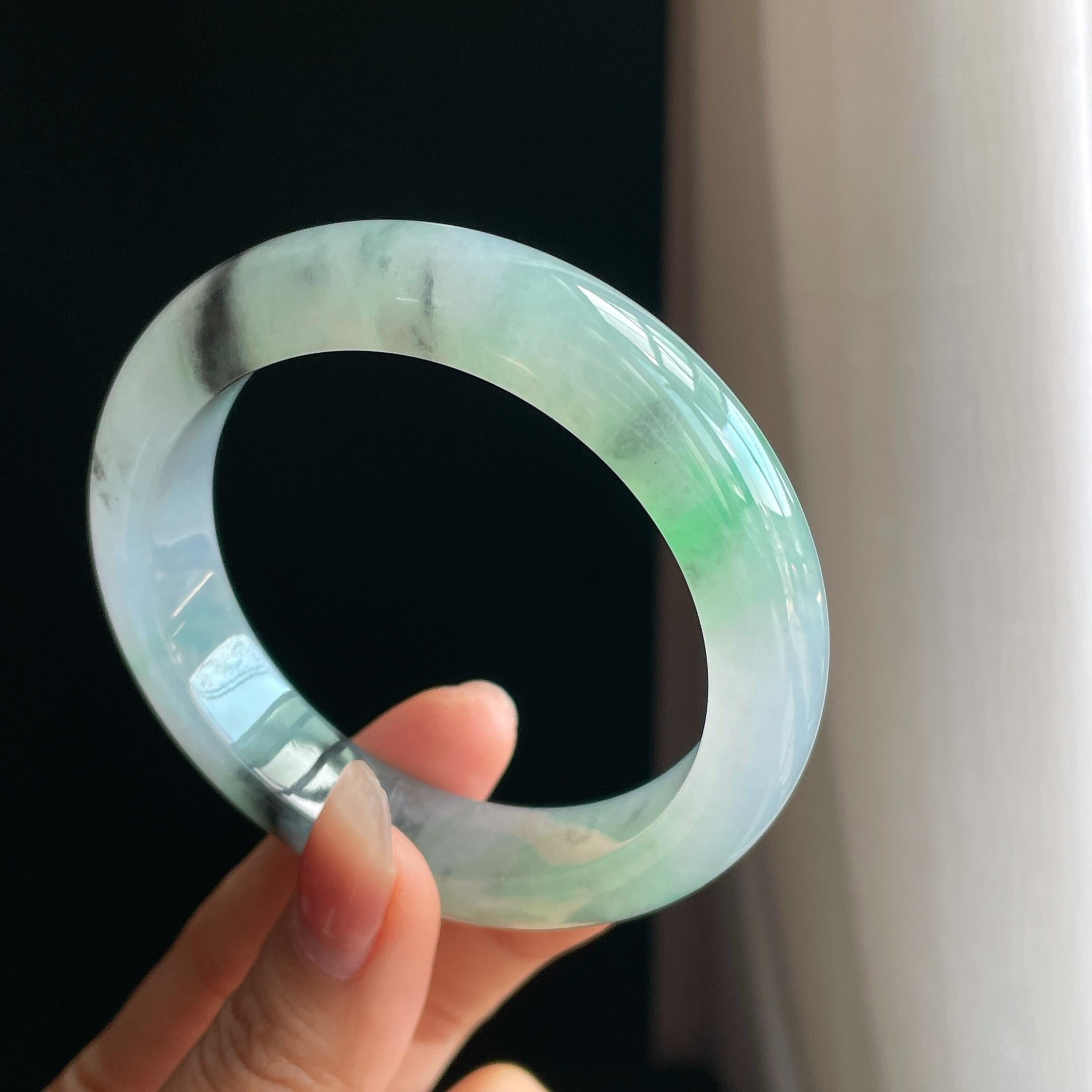 冰种水墨花带色翡翠平安镯（57.7mm)（yc323699）
