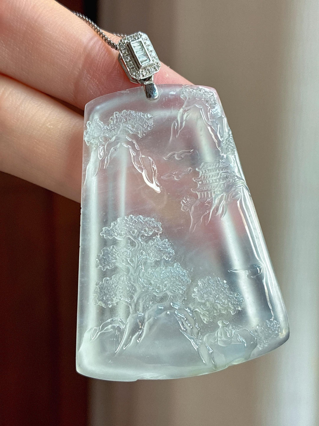 18k金扣头冰玻种无色翡翠山水牌（yc428135）
